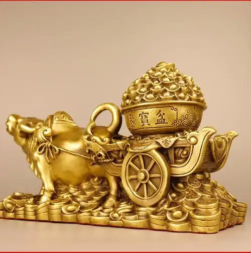 吉珂娜 轻奢高端纯铜牛拉车摆件牛拉聚宝盆金蟾才袋牛生肖金牛家居