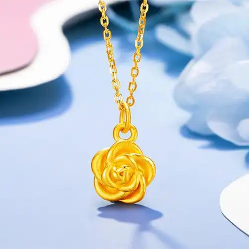 正品黄金吊坠女夏足金玫瑰花挂坠花朵项链锁骨链国潮百搭送礼礼物