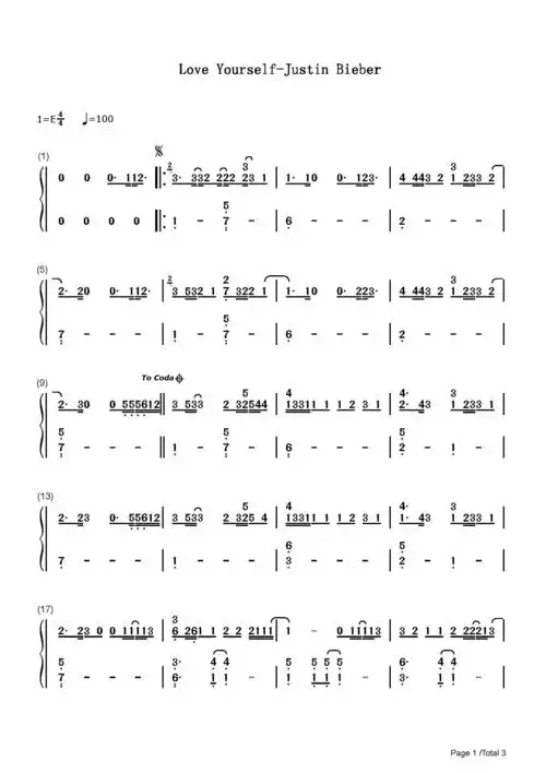love yourself钢琴谱_justin bieber_e调 _流行钢琴双手简谱_钢琴谱