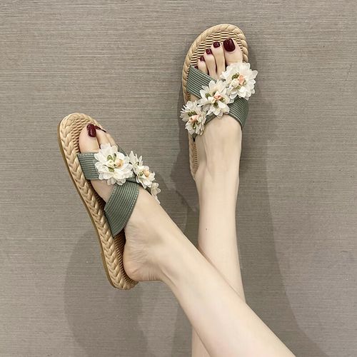 鞋拖鞋女夏外穿西双版纳亚麻三亚旅游海边度假花朵配裙子凉拖 绿色 35
