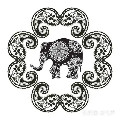 黑白大象矢量海报与印度部落图案和装饰框架隔离在白色背景上