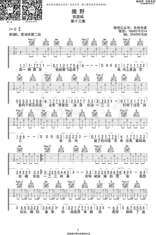 凯瑟喵《撒野》吉他谱-1