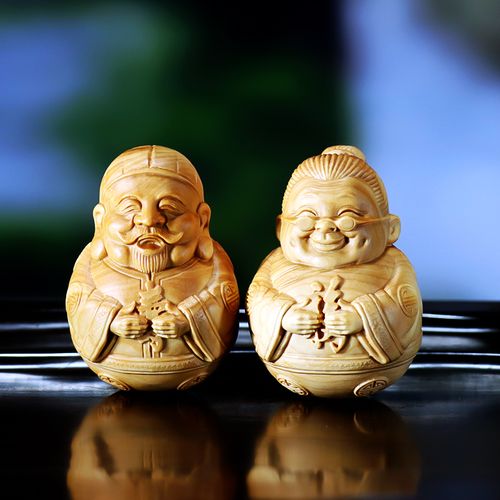 黄杨木雕老公公老婆婆手把件人物家居装饰品结婚生日做寿礼物摆件