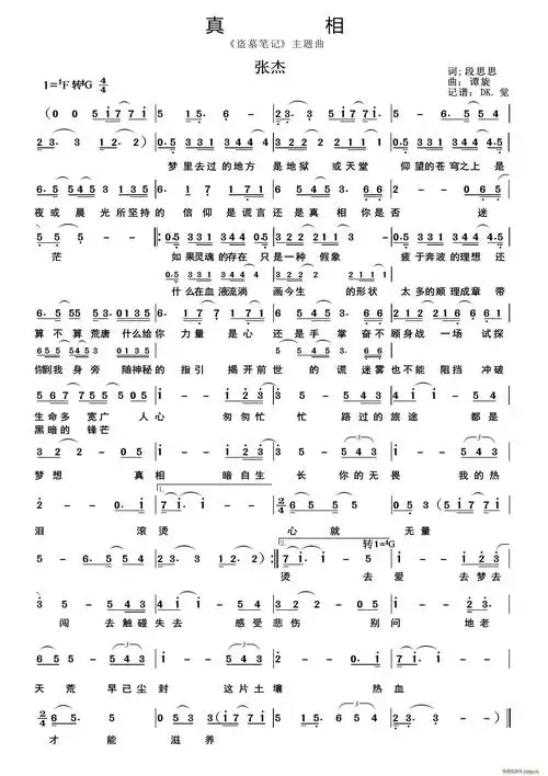 真相(《盗墓笔记》主题曲) 张杰 歌谱简谱网