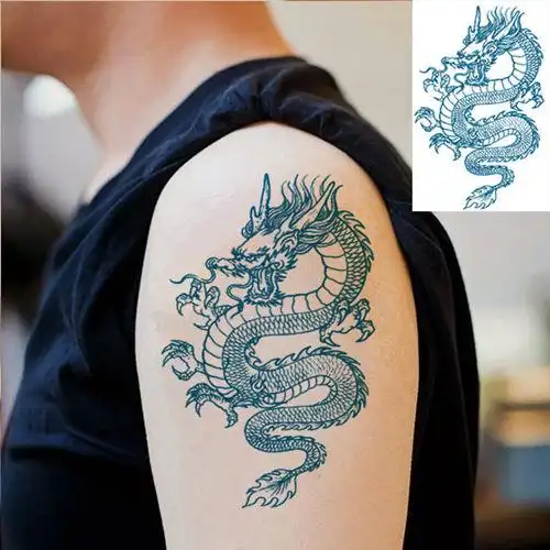 纹身贴草本花臂青龙防水纹身贴小腿男女防身刺青色贴纸胸前龙图案苍龙