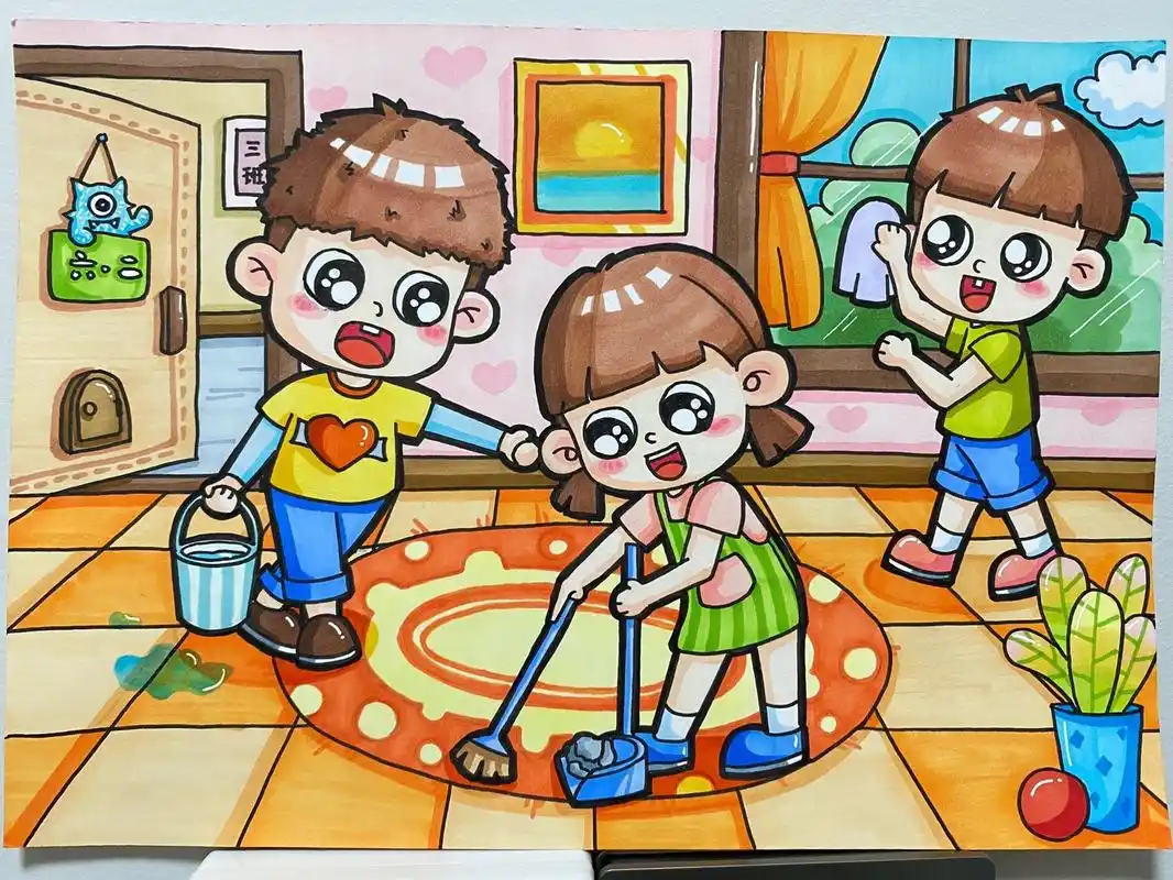 儿童画 主题儿童画 室内场景《扫除》8 又是忘记拍线稿的一天