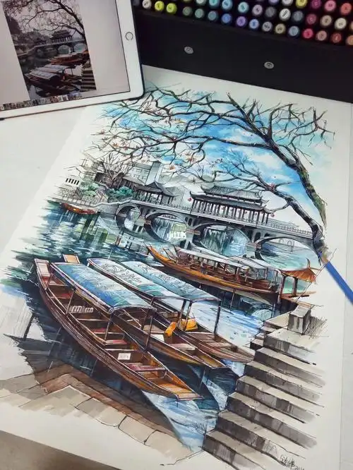 马克笔江南风景手绘完成73