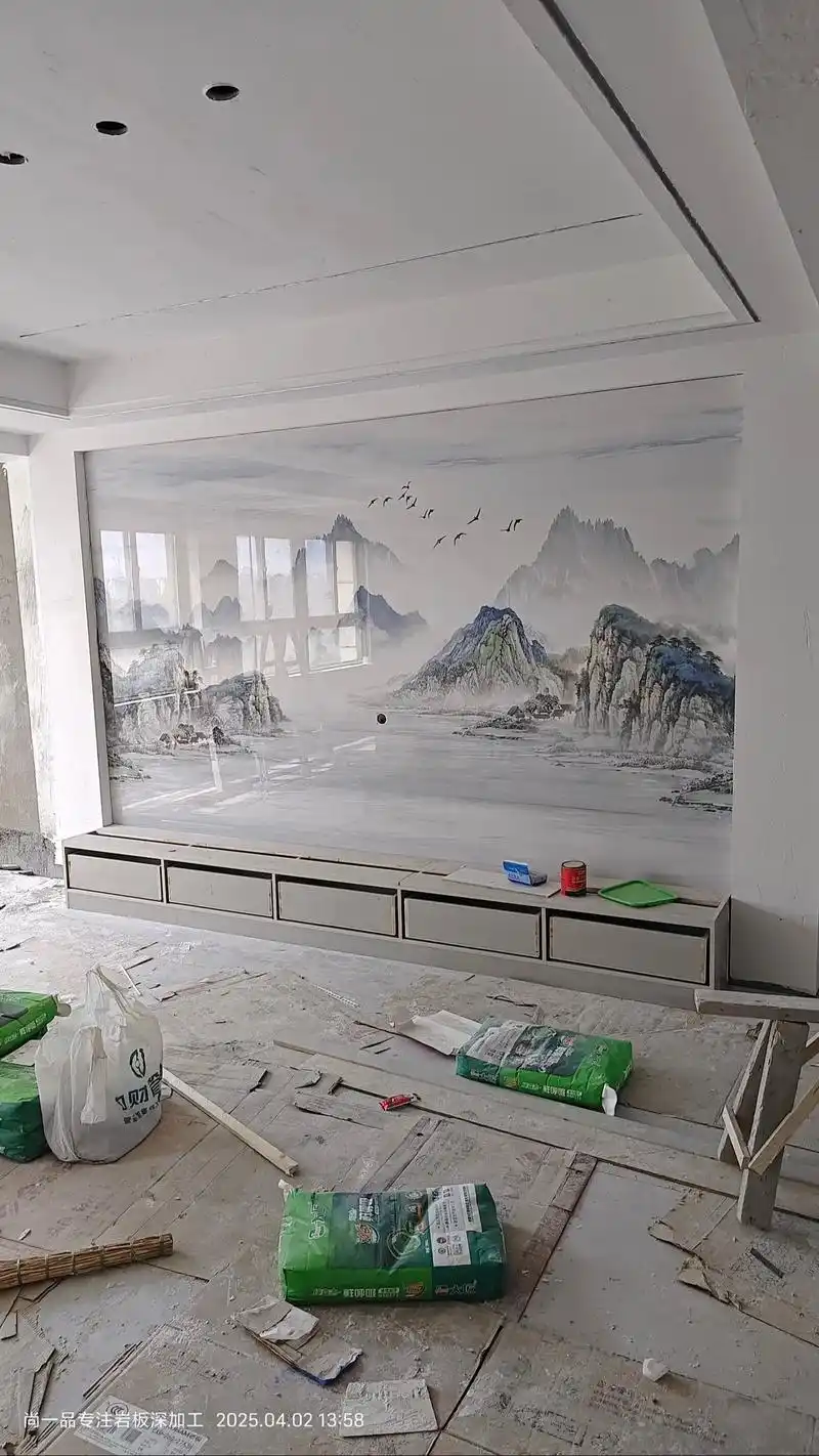 春天就是要山山水水花花绿绿#山水背景墙效果图 #岩板家居 #