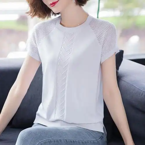 冰丝针织衫短袖女士夏季2020年新款宽松镂空薄款女毛针织衫
