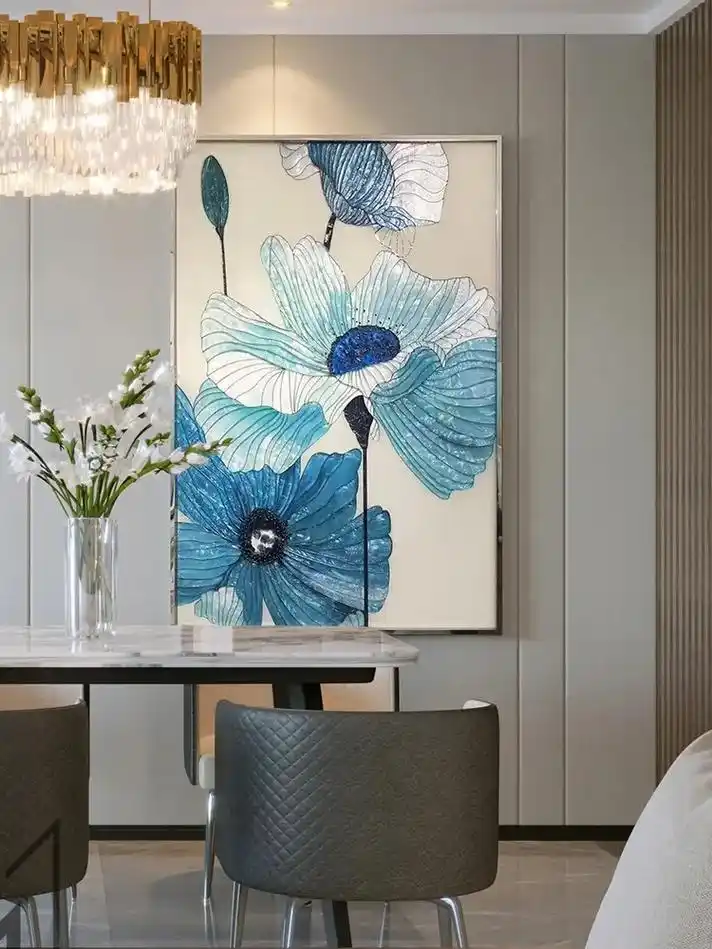 手工珐琅彩装饰画立体玄关轻奢壁画餐厅走廊艺术玻璃挂画蓝花