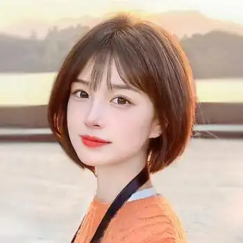 假发女短发头套自然蓬松女士假发网红波波直发发型亚麻色五件套