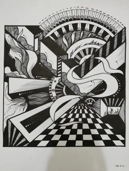 黑白装饰画平面构成针管笔手绘临摹