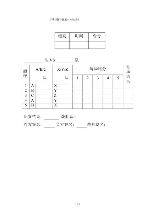 乒乓球团体比赛对阵记录表_第1页
