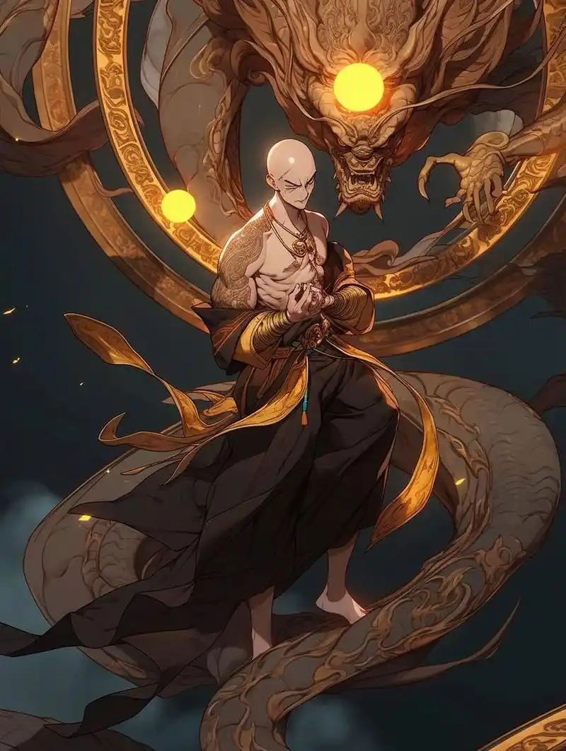 佛道-降龙罗汉 十八罗汉里的降龙尊者 咒语:a bald chinese monk with