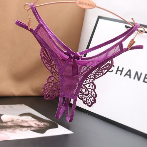 5恶势少女 黑色性感情趣蕾丝内裤交叉绑带开裆蜜桃女夏丁字三角裤已售