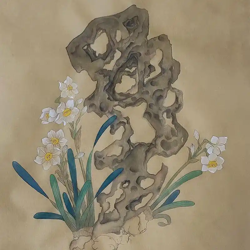 原创工笔水仙奇石