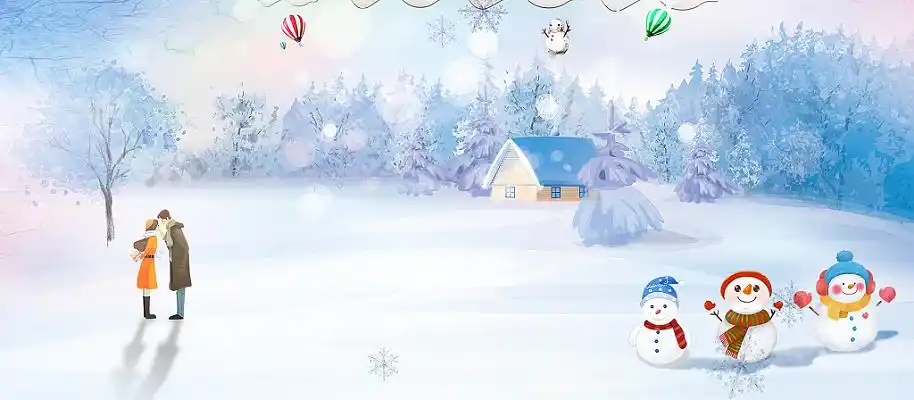 唯美冬天大雪女孩男孩雪人风景插画背景展板