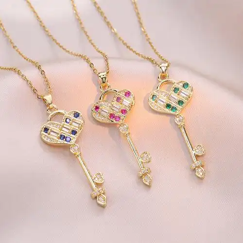 项链女 日韩气质韩版跨境爱心钥匙锆石吊坠时尚小清新锁骨链项链