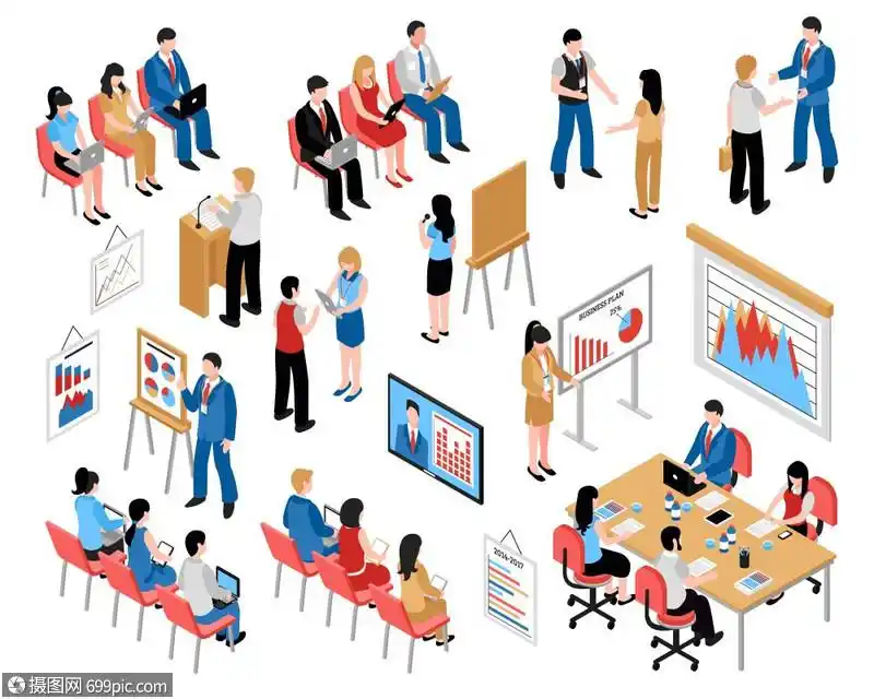 商业教育教练等距图标商业教育教练等距图标与来培训商业研讨会矢量