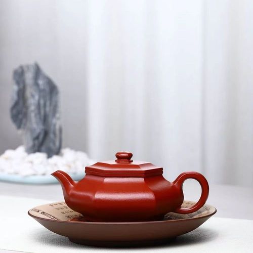300毫升宜兴紫砂壶手工原矿朱泥六方虚扁壶泡茶壶陈玉兰紫砂壶