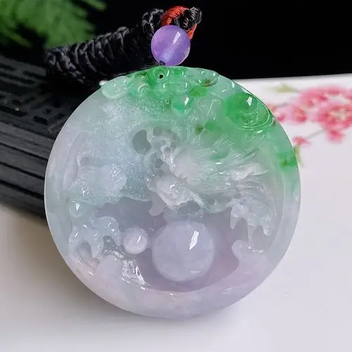 天然玉石缅甸翡翠a货 玉佩 玉牌 淡紫飘绿龙牌圆牌挂件挂坠80.17g