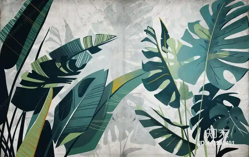 现代简约清新植物绿叶壁纸壁画贴图下载