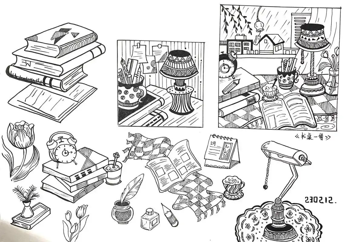 美术考编技能|素材积累10 主题:书桌一角 元素:书本,咖啡杯,台灯,笔筒