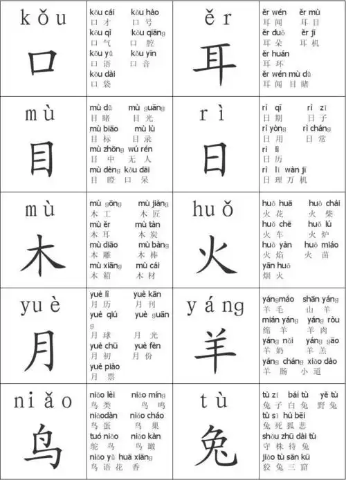 一年级上生字卡(带组词)