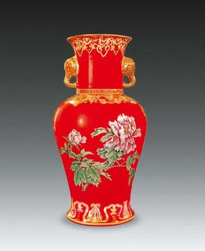 中国红 瓷器 红瓷 花开富贵 象耳尊 花鸟纹饰 彩绘系列 24cm×34cm