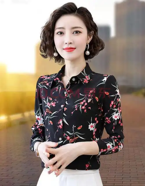 品牌女装印花雪纺衬衫女长袖春装新款洋气中年妈妈装碎花上衣打底衬衣