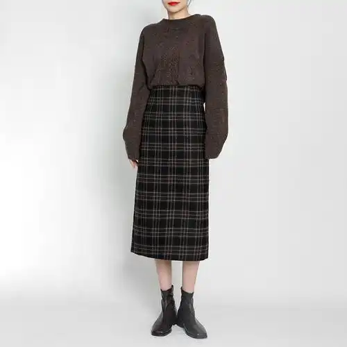 羊毛格子半身裙秋冬女高腰2020年新款毛呢a字裙显瘦复古直筒裙子