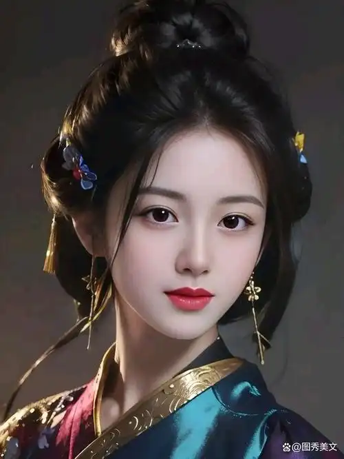 如云似雾,缠绕其间,红唇明艳,如玫瑰花瓣般柔嫩,眼神含情脉脉,似秋水