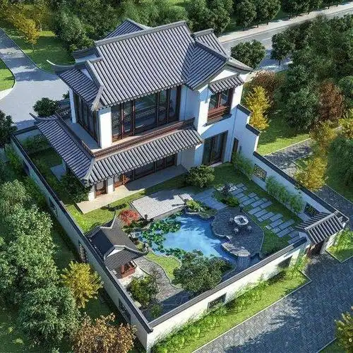 庭院超大,简单大方别有一番意境中式大宅别墅院子设计效果图分享中式