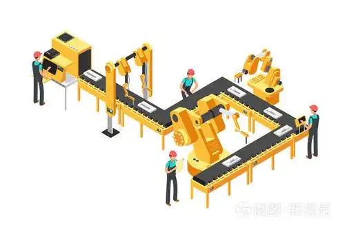 自动化生产线, 工厂输送机与工人和机器人臂等距工业矢量概念