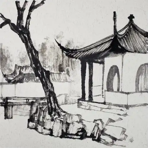 拙政园写生山水