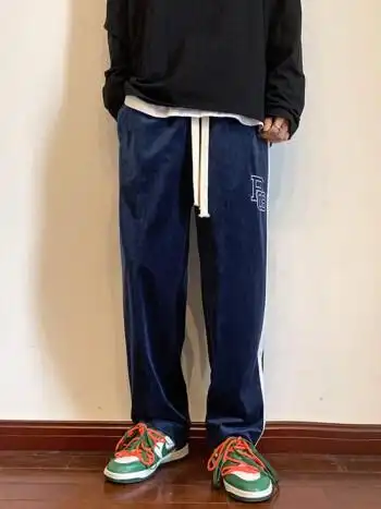 centuryboy世纪男孩夏季美式冰丝裤子高街潮牌藏蓝色阔腿裤男oversize