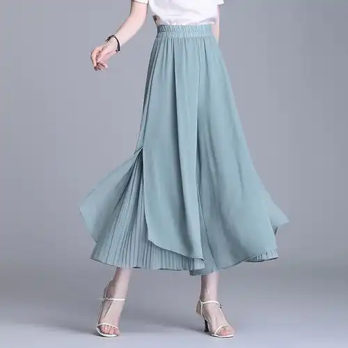 雪纺半身裙裤女夏中长款2021新款高腰百褶显瘦a字大摆裙垂感长裙