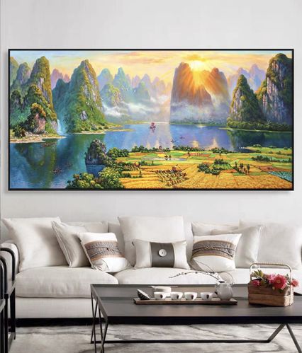 高清谷子丰收山水油画有山无水装饰客厅山水风景日出靠山背客厅