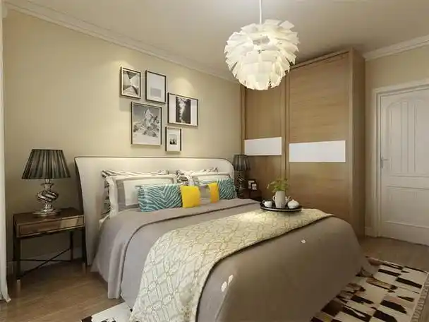 在本案例的客厅的设计中,整体采用米色的墙面乳胶漆,沙发采用灰色布艺