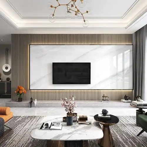 现代简约大理石电视背景墙影视瓷砖轻奢装饰客厅实木瓷砖背景墙