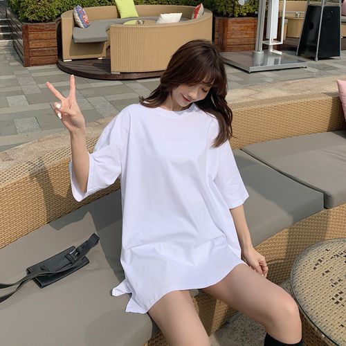 开叉短袖t恤女2021新款宽松不规则纯白色中长款半袖棉质体恤上衣