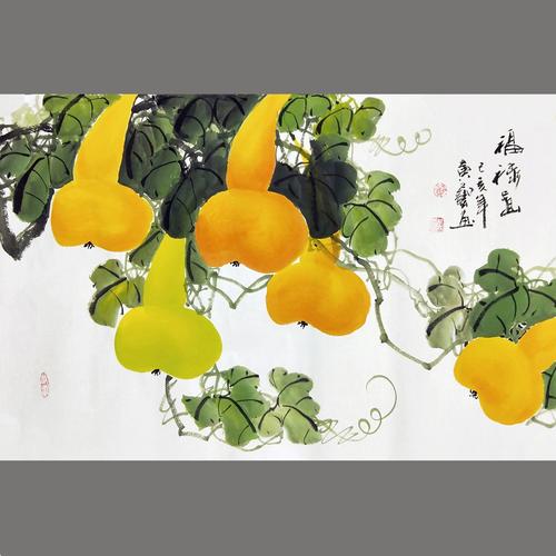 黄艺纯手绘真迹国画花鸟画葫芦画四尺三开玄关装饰画福禄图无框