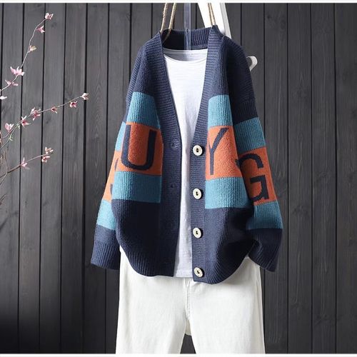 秋冬新款宽松显瘦拼色字母提花百搭针织外套女装文艺百搭毛衣