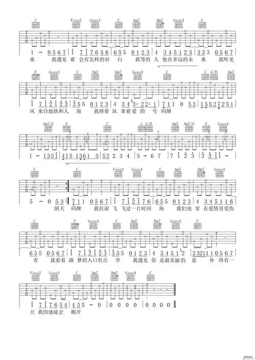 孙燕姿《遇见》吉他谱简单版图片谱