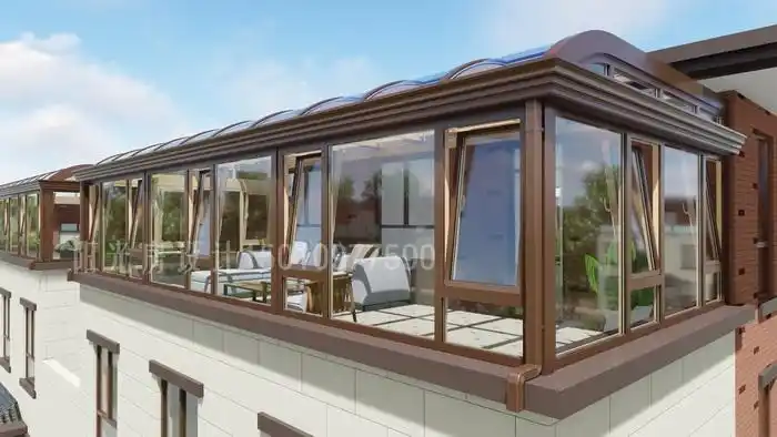 别墅露台铝包木阳光房弧形顶设计效果图