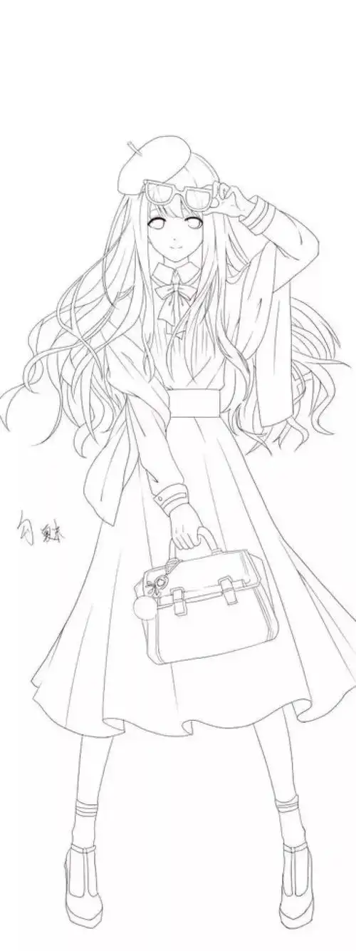 【黑白线稿】线稿素材:动漫二次元可爱mm线稿人物图片