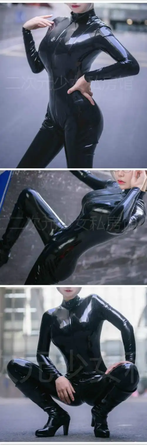 私密发货情趣搜查官连体皮衣性感紧身诱惑胶衣co服束缚黑色连体衣s
