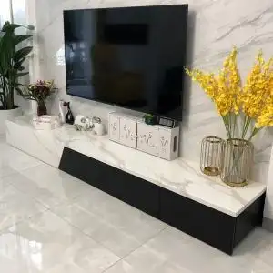 白色地台极简大理石电视柜茶几组合黑白色设计简约现代地柜带抽屉