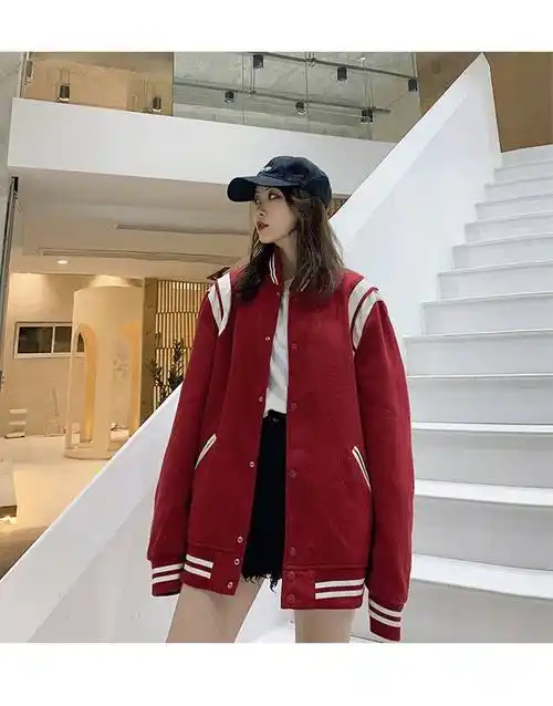 棒球服外套女秋冬季ins潮牌2021年加绒新款百搭美式街头夹克外红色m