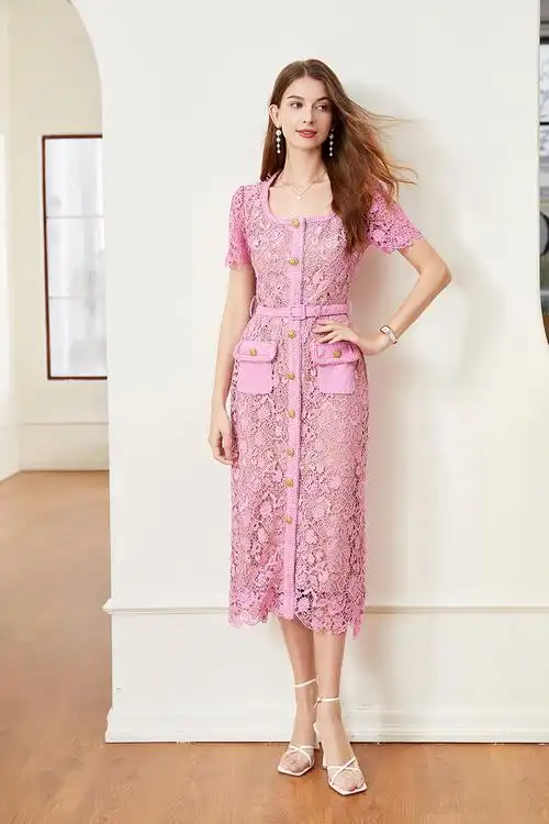 实拍555#新增色 高品质重工水溶镂空蕾丝气质名媛包臀连衣裙 - 17网